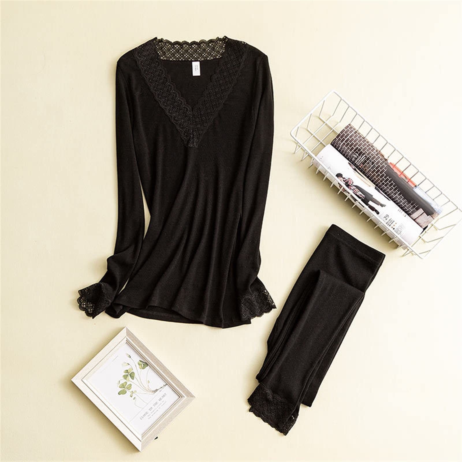 ANRIO Set Termico da Donna in Lana di Seta Sexy Scollo A V Caldo Maniche Lunghe Top Pantaloni Lunghi Set di Biancheria Intima Termica for Donna (Color : Black, Size : M/Medium)
