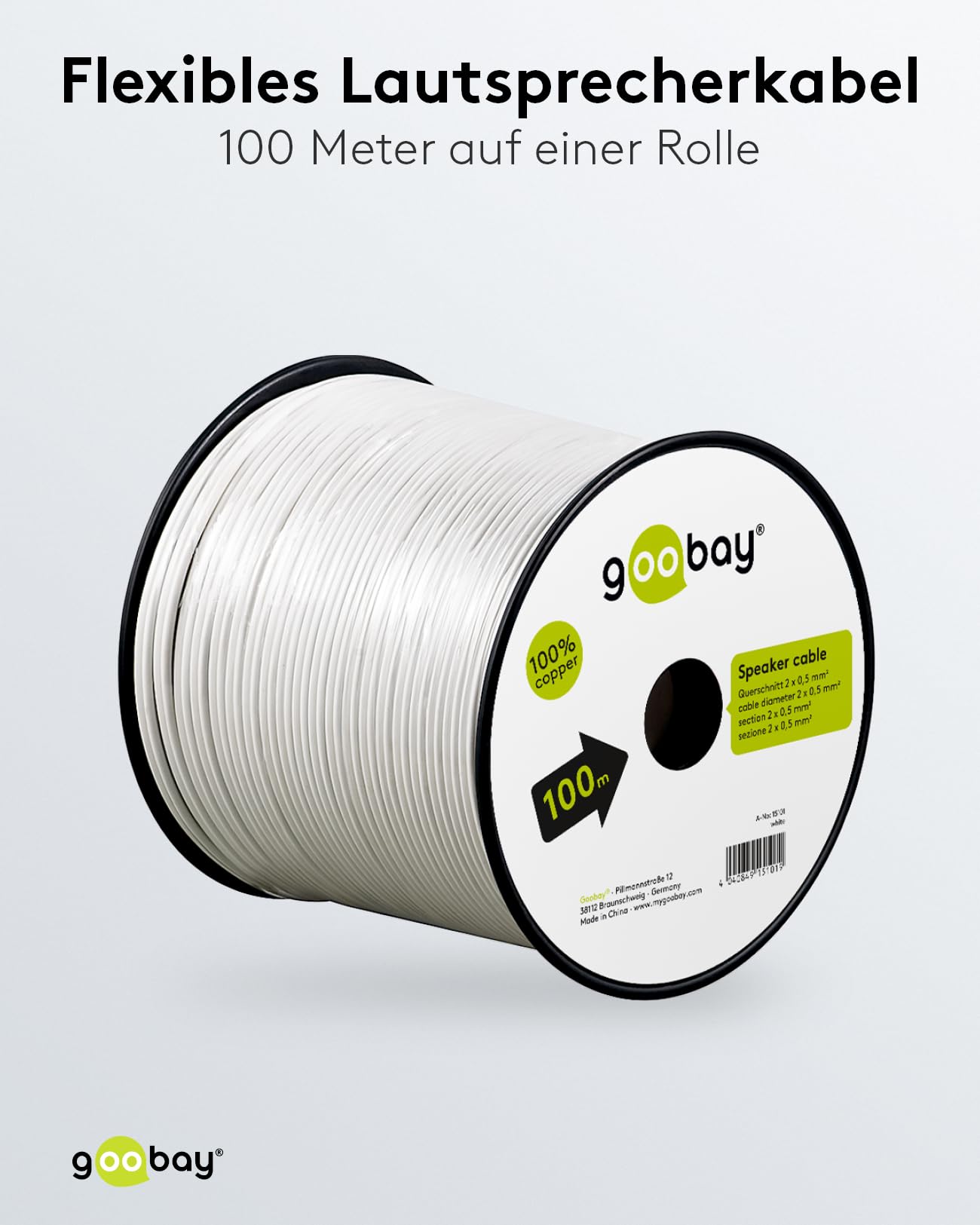 Wentronic LSK 2X0.5 - Bobina de Cable para Altavoz 100 m (Corte Transversal: 2 Cables de 0,5 mm²), Color Blanco
