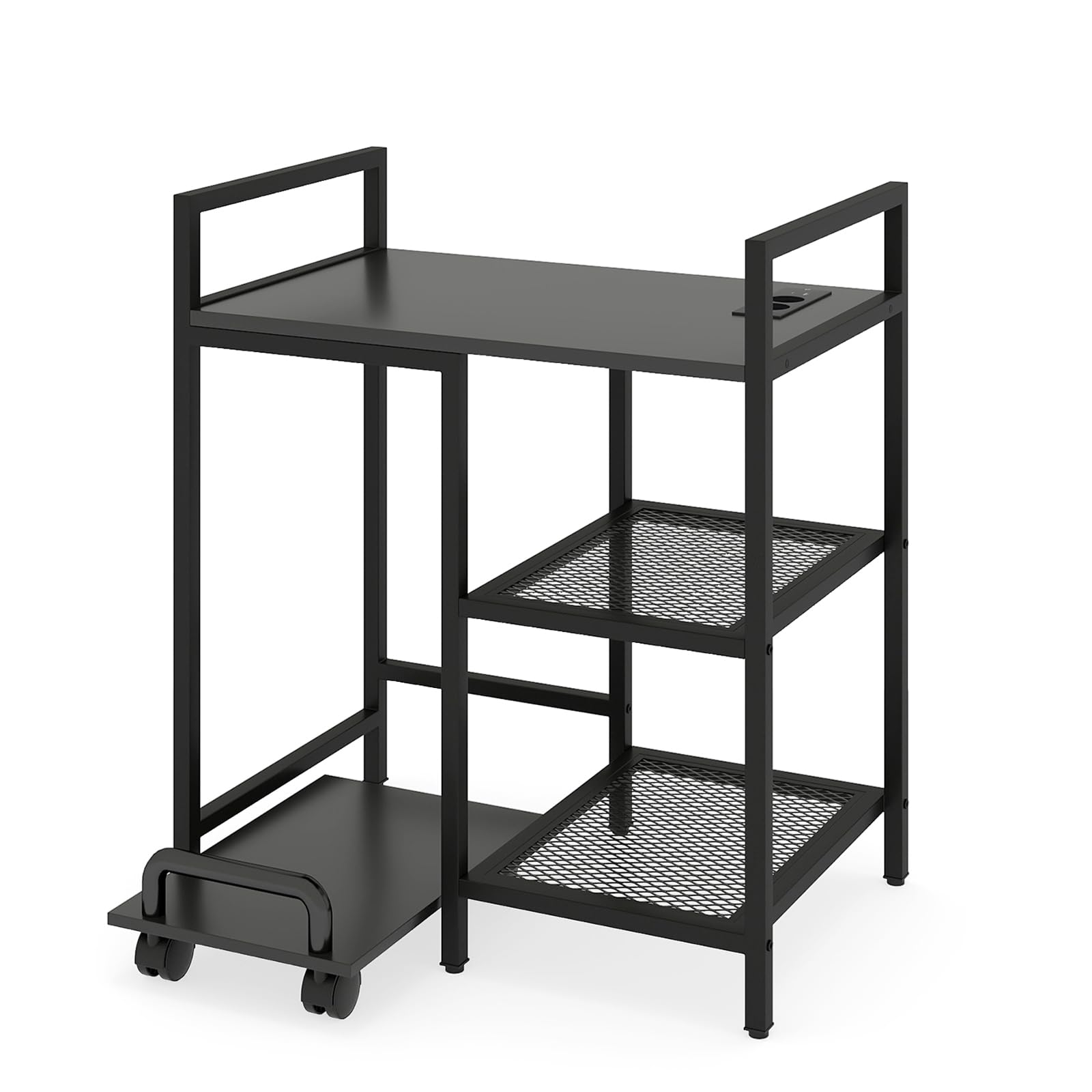 GIANTEX Mesa para Impresora con Enchufes, Mesa Auxiliar 3 Niveles con Estante Móvil con Ruedas, 63,5 x 40 x 72 cm, Soporte para Impresora para Oficina, Dormitorio, Salón (Negro)