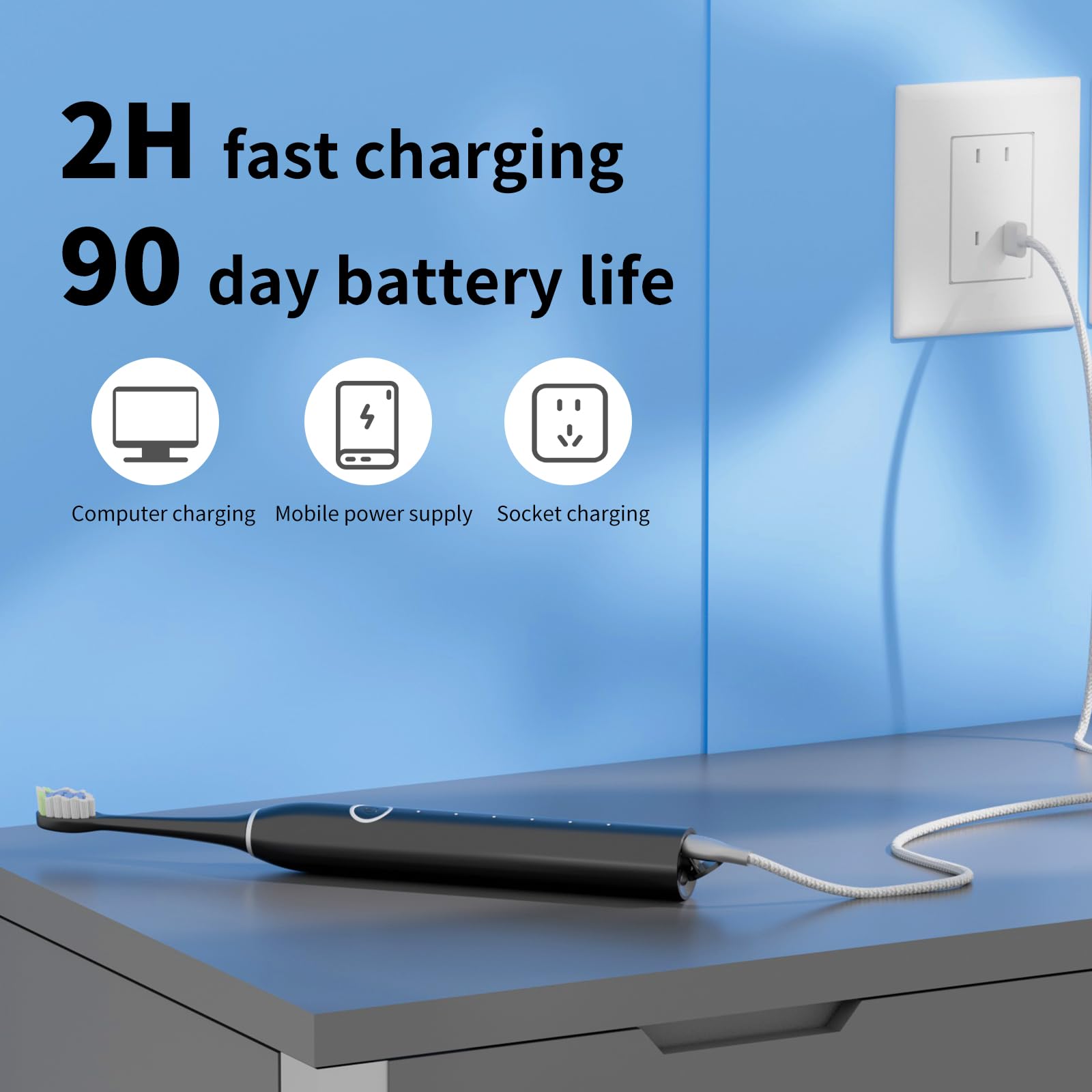 Rooman Cepillo de dientes eléctrico sónico para adultos, 20.000 vibraciones por minuto, 5 modos de limpieza, batería de 90 días, cepillo de dientes eléctrico con temporizador, IPX7 impermeable, 2