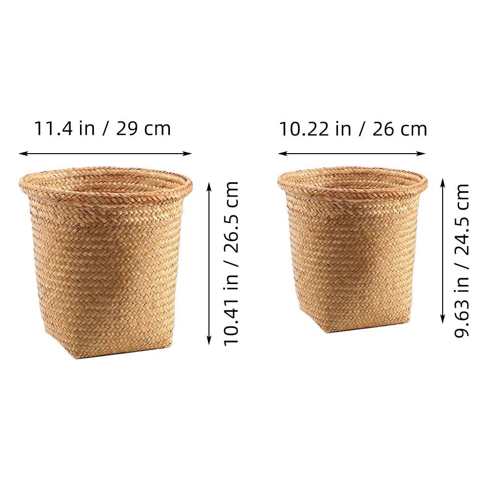 TOPPERFUN 2pcs Straw Braided Wastebasket Round Lightweight Storage