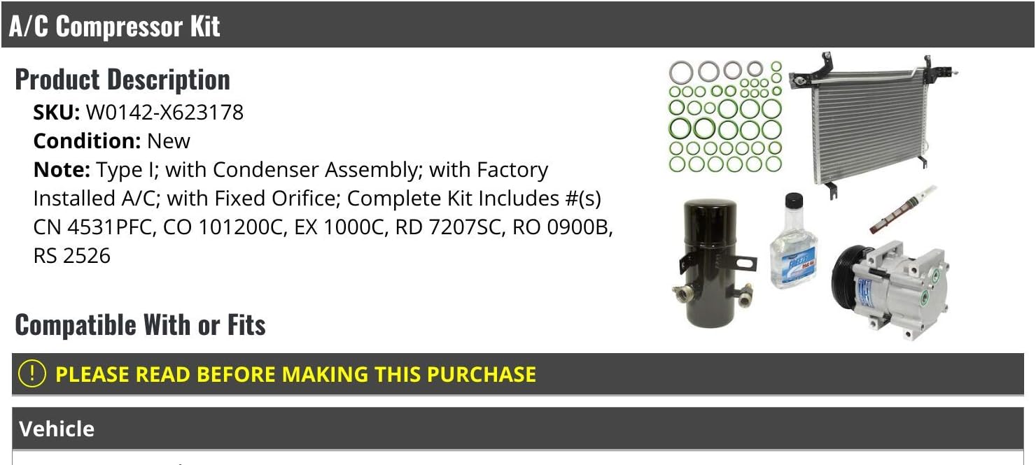 A/C Compressor Kit - with Fixed Orifice - Compatible with 1994-1995 Ford Bronco with AC