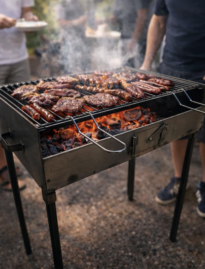 Barbecue in ferro, con griglia in acciaio inox regolabile su 2 altezze, 70x38 cm, con piedi estraibili
