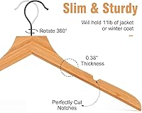 Vista 3 de TOPIA HANGER Perchas de madera de bambú, perchas con gancho negro giratorio y nothces de corte liso, juego de 12 perchas de madera duraderas