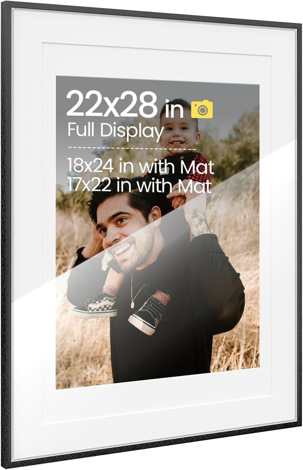 Hanging Aluminum Metal 22x28 Picture Frames with Double Mat to Display 18x24 Picture and 17x22 Picture,Black Picture Frames & Real Tempered Glass for Family Photo and Document Wall Decoration 22x28 Mat to 18x24&17x22 Black