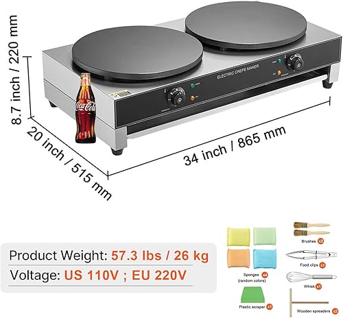 Miniatura 7 de HappyBuy Máquina eléctrica de crepé - Cabezal doble de 16 pulgadas, 3400 W, acero inoxidable antiadherente, escritorio, control de temperatura para