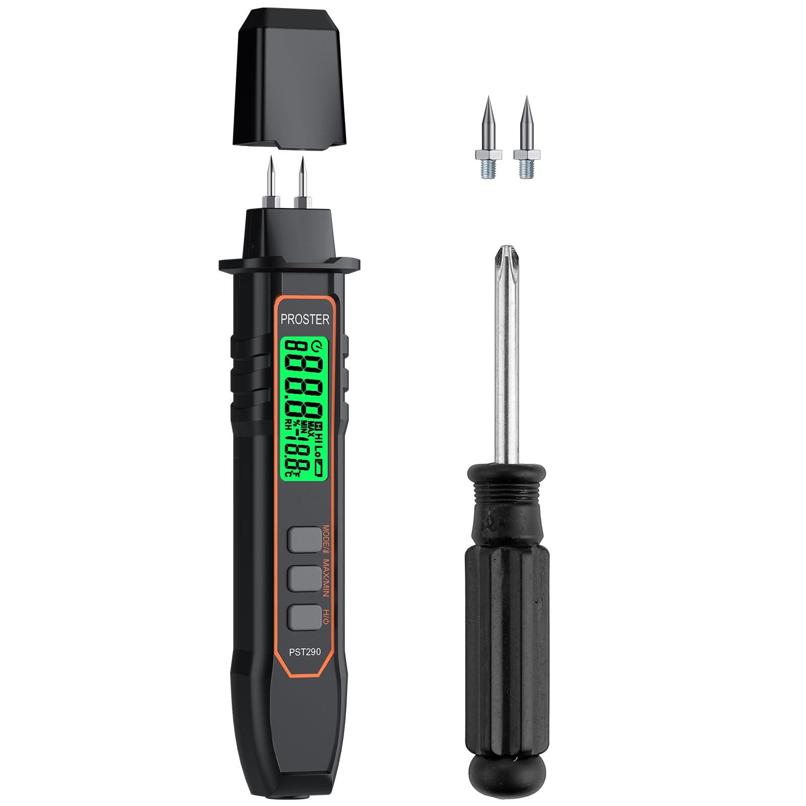 Proster Damp Meter for Walls, Wood & Concrete, Pin Moisture Meter with 2 Modes, 7 Calibration Scales, 3-Colour LCD, Temperature Measurement for Timber, Brick & Floor Inspection