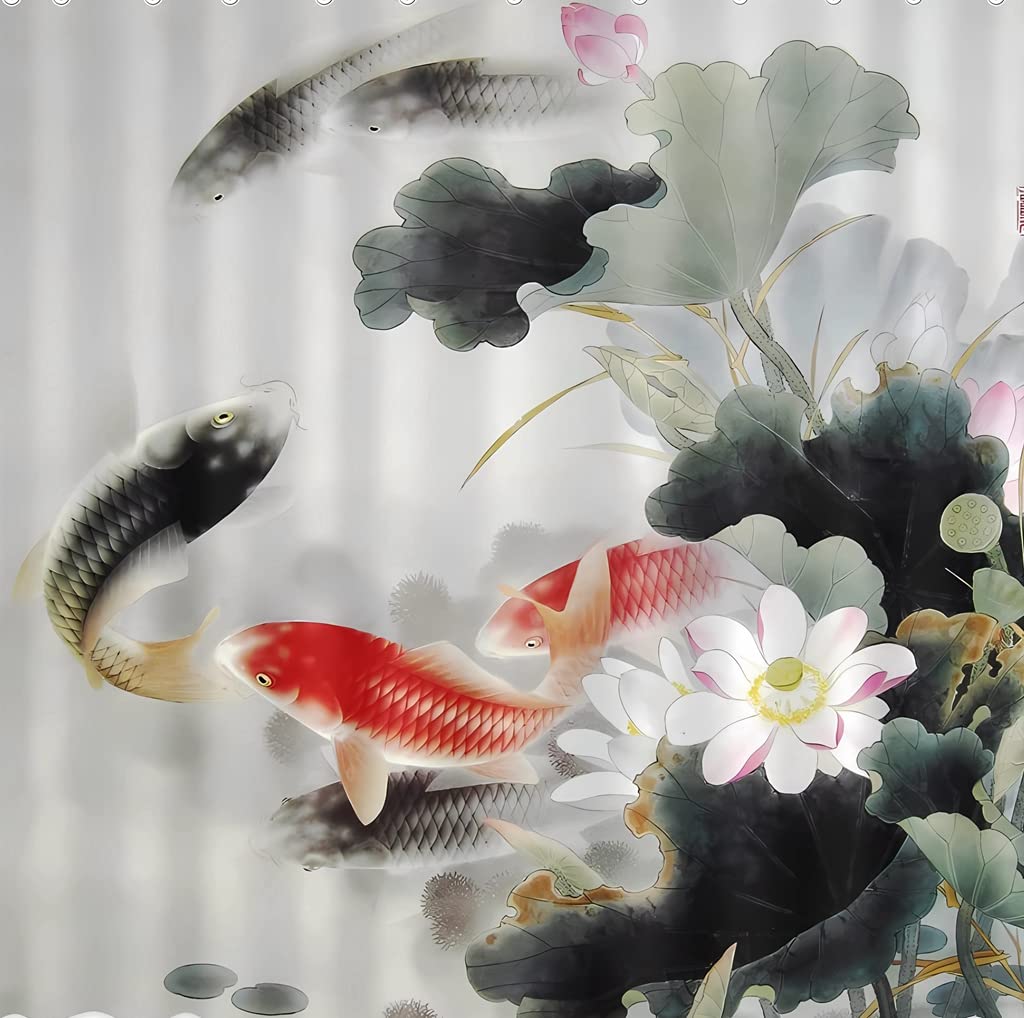 Koi Fish Shower Curtain Lotus Flower Bathroom Decor Japanese Bath Curtains Fabric Curtain Decor 72Wx79H inch