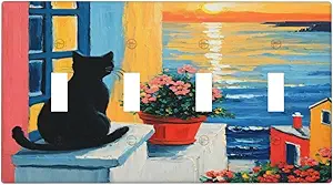 Decorative Switch Covers Plate Vintage Oil Painting Style Black Cat Sea Flowers 4 Gang Wall Plate Oversized Quad Toggle Light Switch Plate Jumbo Faceplate for Country Bedroom Decor
