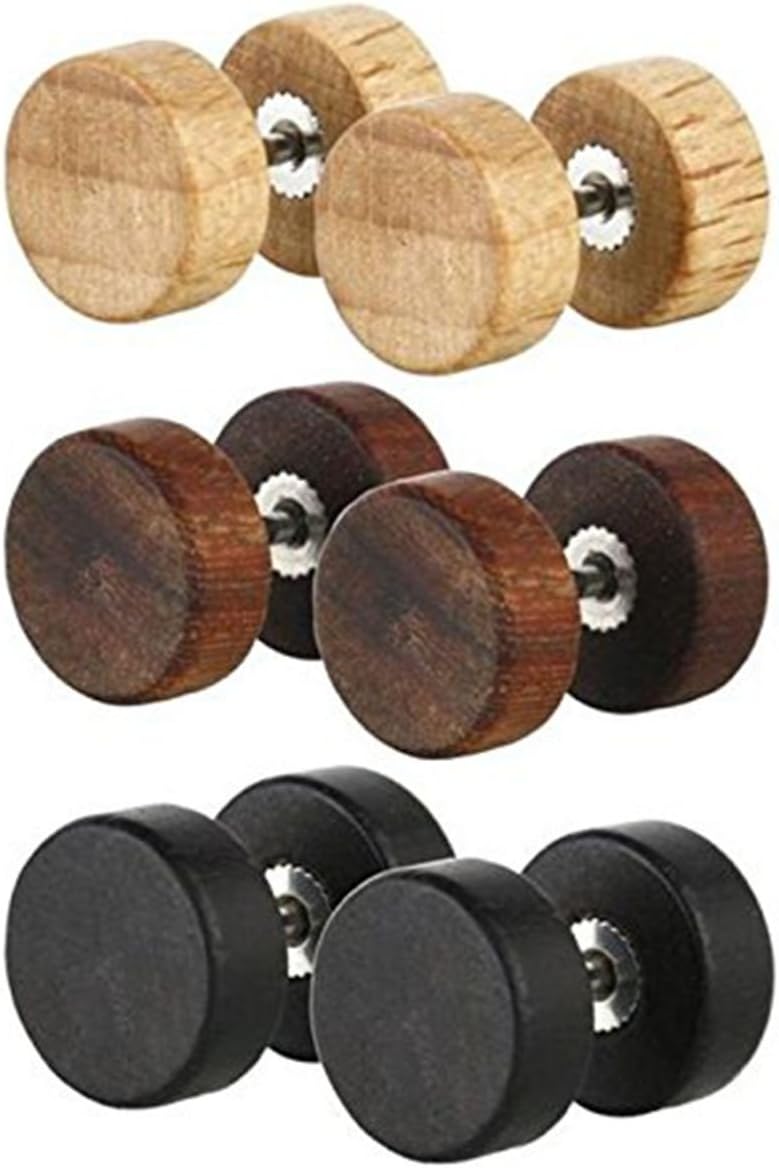 KARAY 8mm Wood Wooden Vintage Round Circle Fake Cheater Plugs Tunnel Unisex Stainless Steel Stud Earrings Lot Set (3pair a Set)
