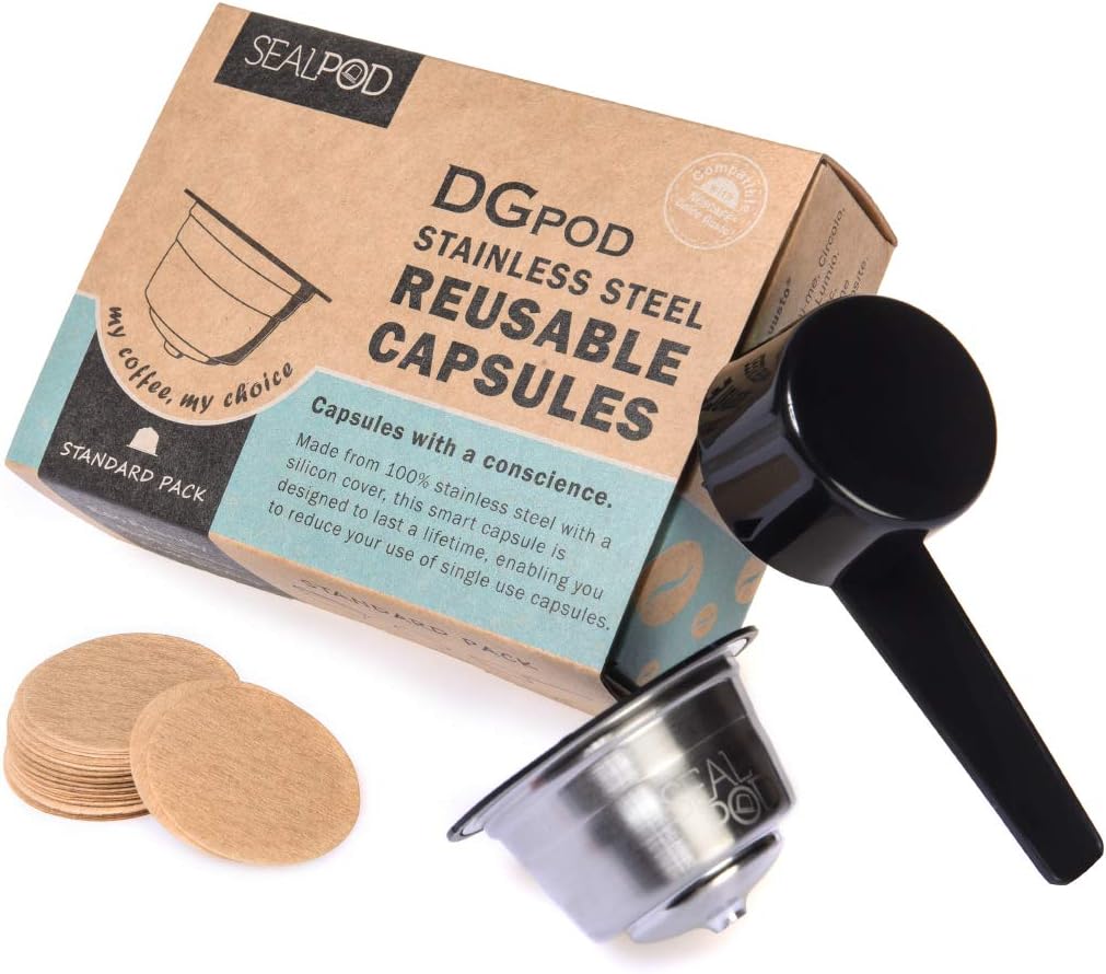 SEALPOD Dolce Gusto Reusable Capsule, Refillable Coffee Pod Compatible with Nescafe Dolce Gusto Machine, Durable Stainless Steel - DGPod Standard Pack [1 POD, 100 Paper Filters]