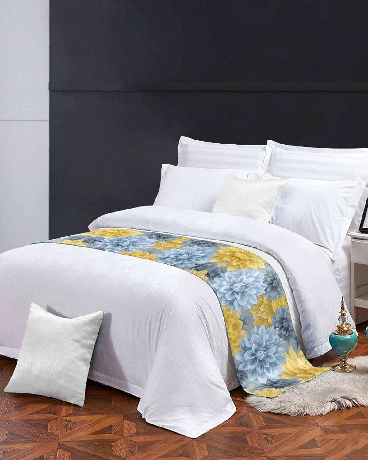Yellow Blue Spring Floral Bed Runner for Full/Queen Size, Pastoral Summer Botanical Bedspread Protector Slipcover Bed Scarf for Foot Runners & Scarves for Bedroom Hotel Wedding Room 83x20 Inches