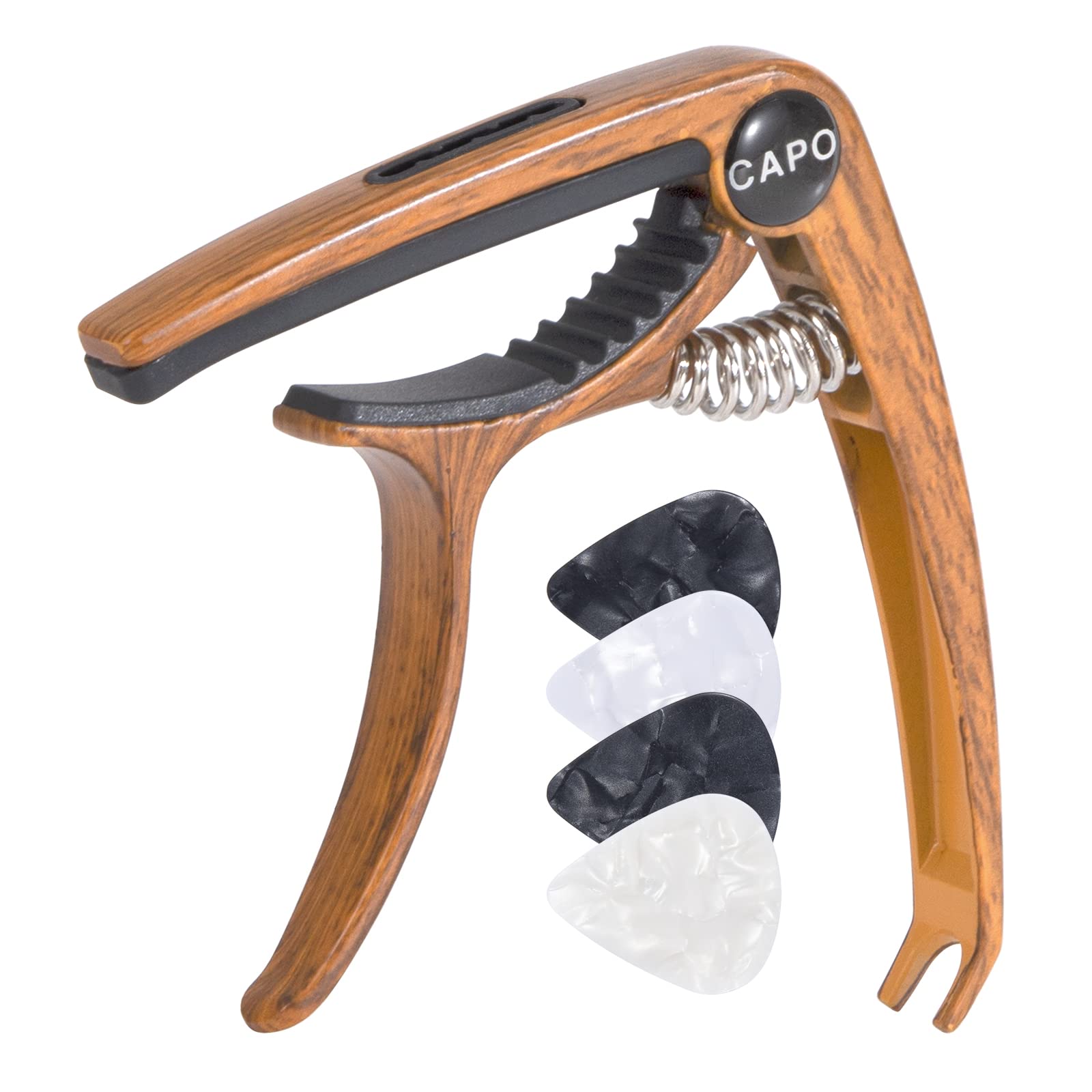 Quick-Change Capo Alloy Capo for Acoustic Electric Guitars Ukulele Bass Mandolin Banjo Quick Release Professional with 4 Picks Wood Color