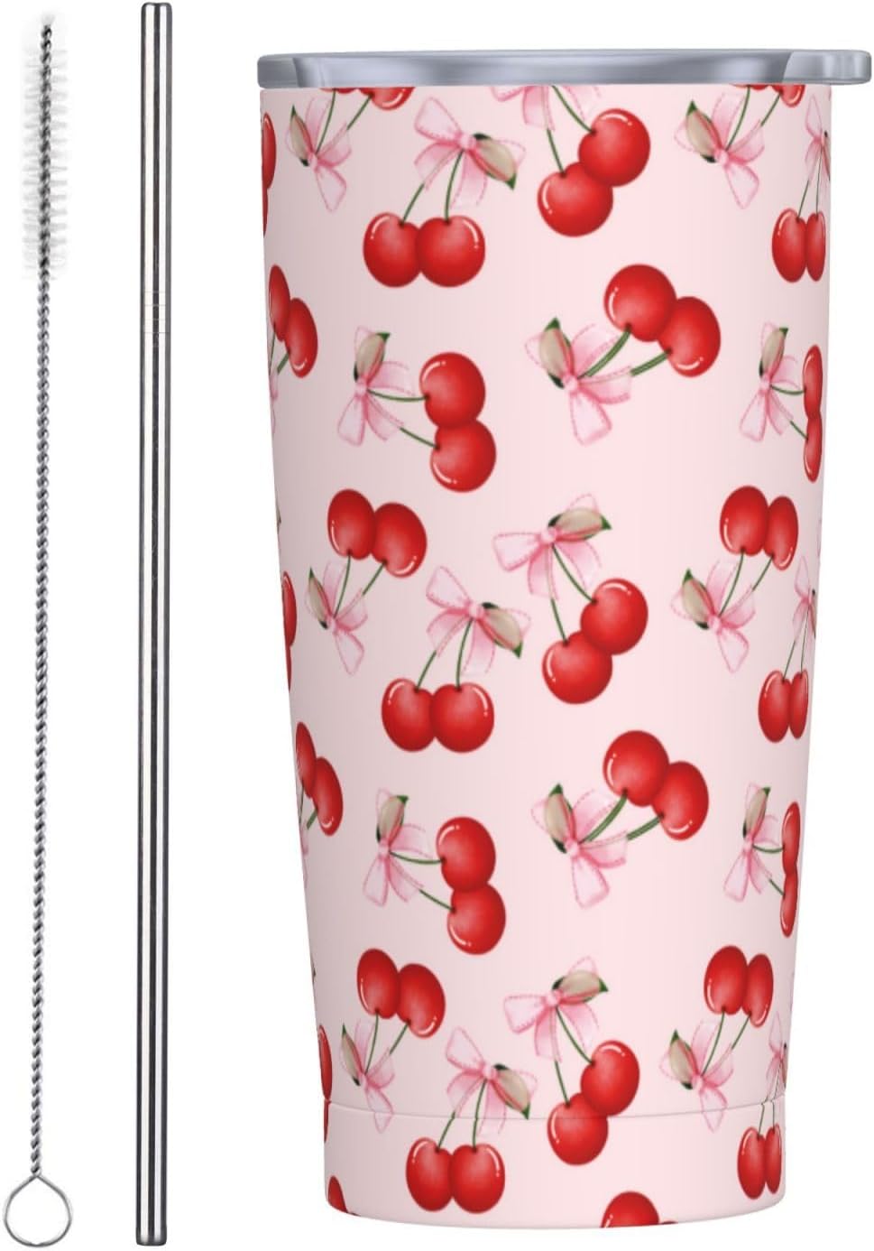 Cherry Tumbler Fruit Insulated Tumblers with Lid Straw Reusable Pink Bow Coffee Travel Mug Tea Wine Cups Birthday Gifts for Women 20 Oz