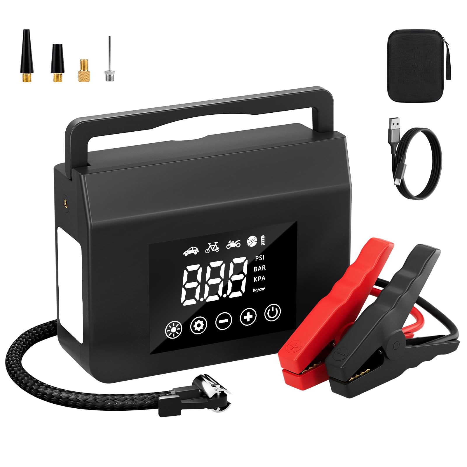 Portable Car Battery Jump Starter with Air Compressor 4000A 150PSI Inflator | 4-in-1 Jump Box, 12V Battery Emergency Booster Pack for Cars, Power Bank & LED Flashlight, Fast Charge, Auto Shut-off