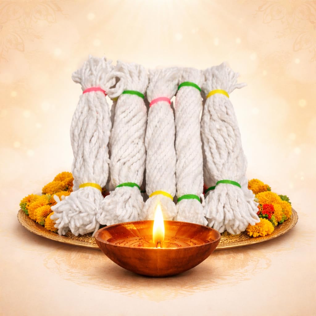 1000 Cotton Wicks for Pooja Diya | Diya batti 3 ply Twisted Cotton Thread Wick | Pooja White Vattulu, Vilakku nool Thiri-image-5