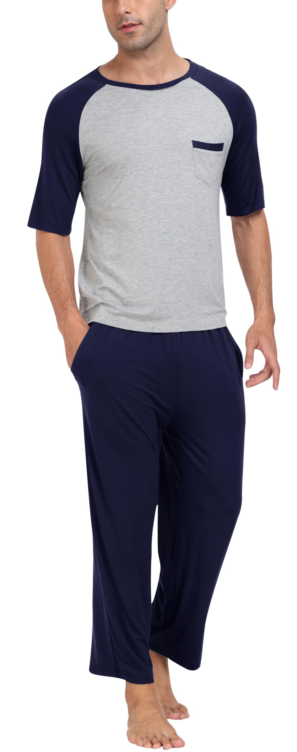 MoFiz Herren Schlafanzug Kurz Pyjamaset Zweiteiliger Set Weich Hausanzug Rundhals T-Shirt und Schlafshorts Sommer Nachtwäsche Freizeitanzug mit Brusttasche