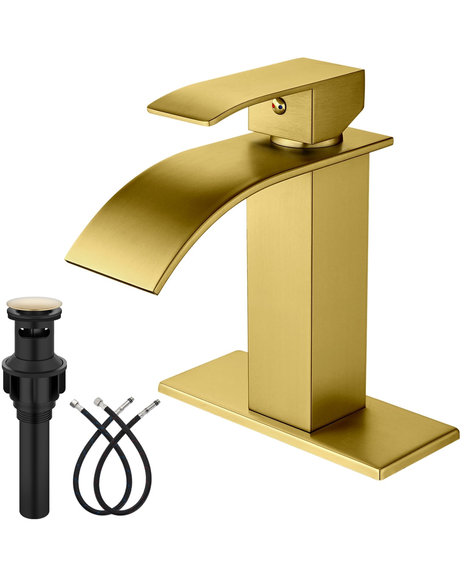 Midanya Single Hole Bathroom Faucet 1 Hole Waterfall Spout,304 Stainless Steel Bathroom Sink Faucet with Deck Plate and Pop-Up Drain,Suitable for RV Vanity,Brushed Gold