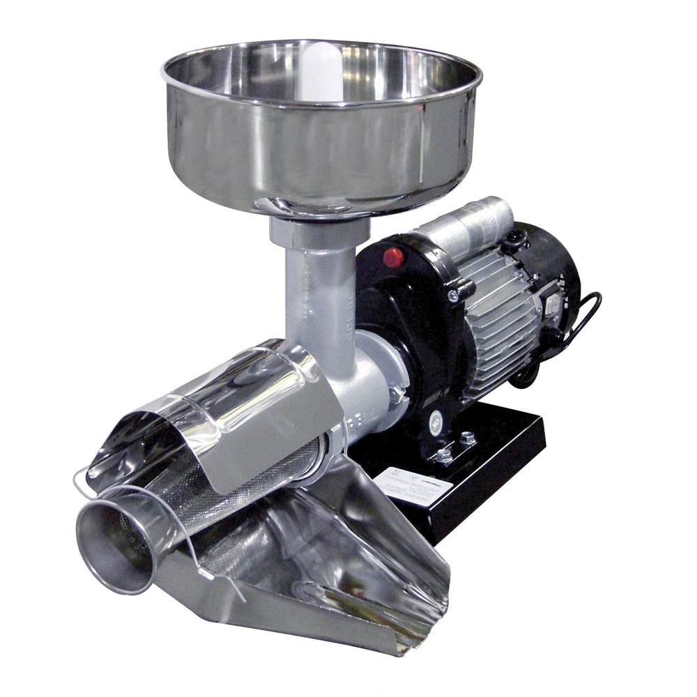 HEAVY-DUTY ELECTRIC TOMATO SQUEEZER Electric Tomato Mill - 3/4 hp by Omcan – 21 x 12 x 13 IN, Stainless Steel, Silver, Model 18903