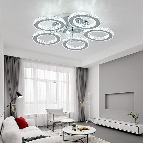 Miniatura 6 de Deckrico Lámpara de araña de cristal moderna LED de 5 anillos, montaje empotrado, lámpara de techo colgante de acero inoxidable para sala de estar,