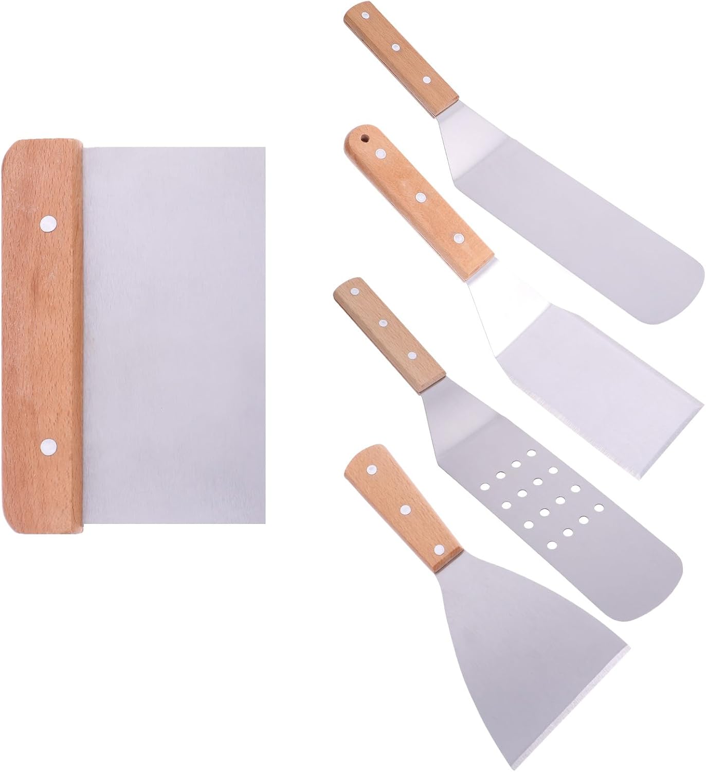 VALICLUD Stainless Steel Spatula Set Wooden Handles 5pcs Cooking and Pizza Transfer Shovels Kitchen Utensils for Griddle and Steak Preparation
