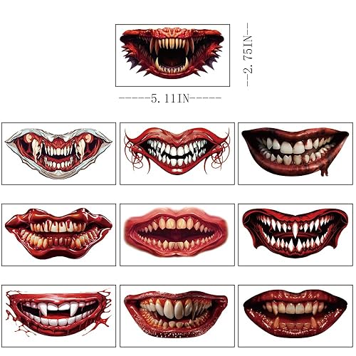 Miniatura 7 de Tatuajes temporales de Halloween, tatuajes de payaso, boca de terror, calcomanías de tatuaje, calcomanías de tatuaje falsas extraíbles y realistas,