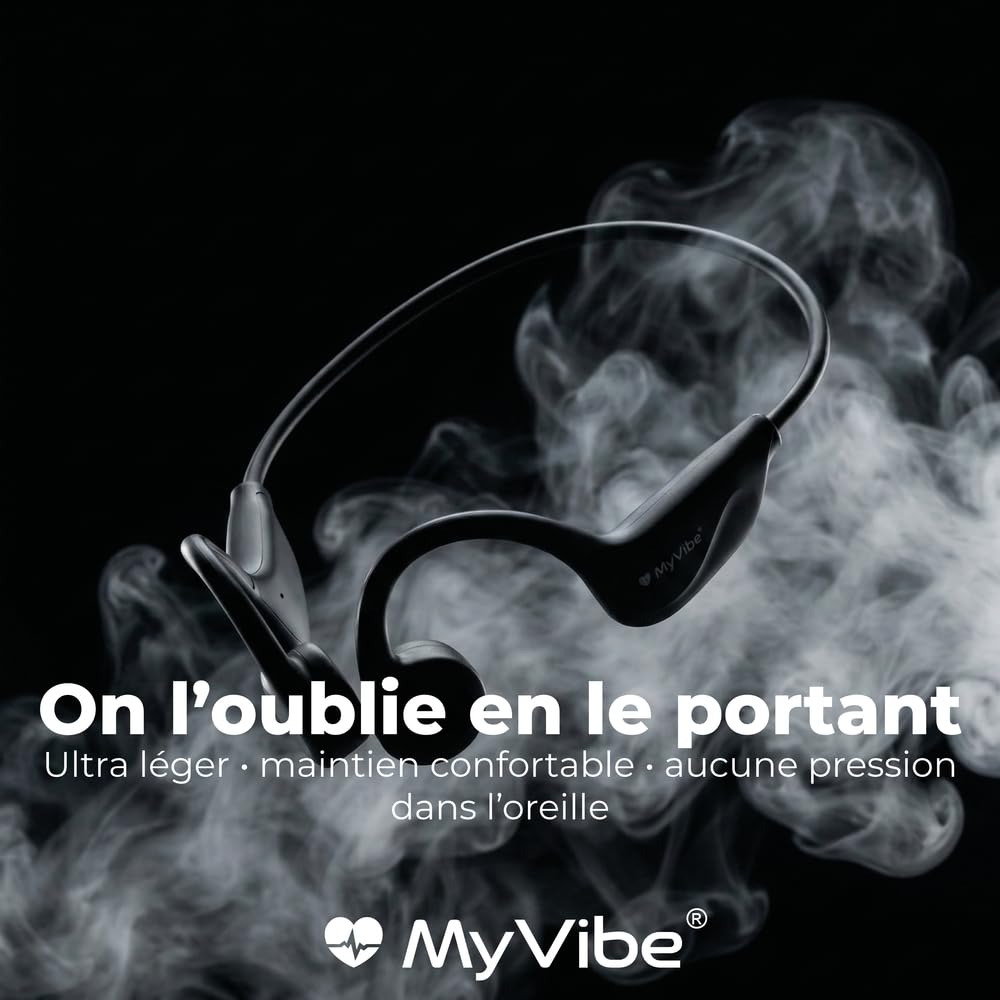 MYVIBE is Strong Casque à Conduction Osseuse Sport - Écouteurs Bluetooth Oreilles Libres, Ultra-Léger 27g, IPX5 Étanche Pluie & Sueur, Autonomie 8h, Arceau Ergonomique, Idéal Running & Fitness