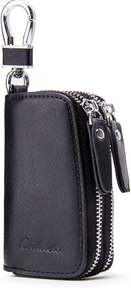 Contacts Car Key Case Leather Double Zipper Key Holder with Keyring Key Fob Organizer Coin Pouch