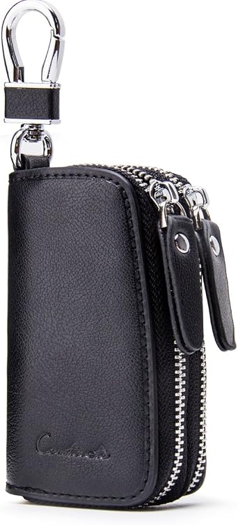 CONTACTS Car Key Case Small Leather Double Zipper Key Holder with 4 Keyrings Keys Organizer for Men Women
