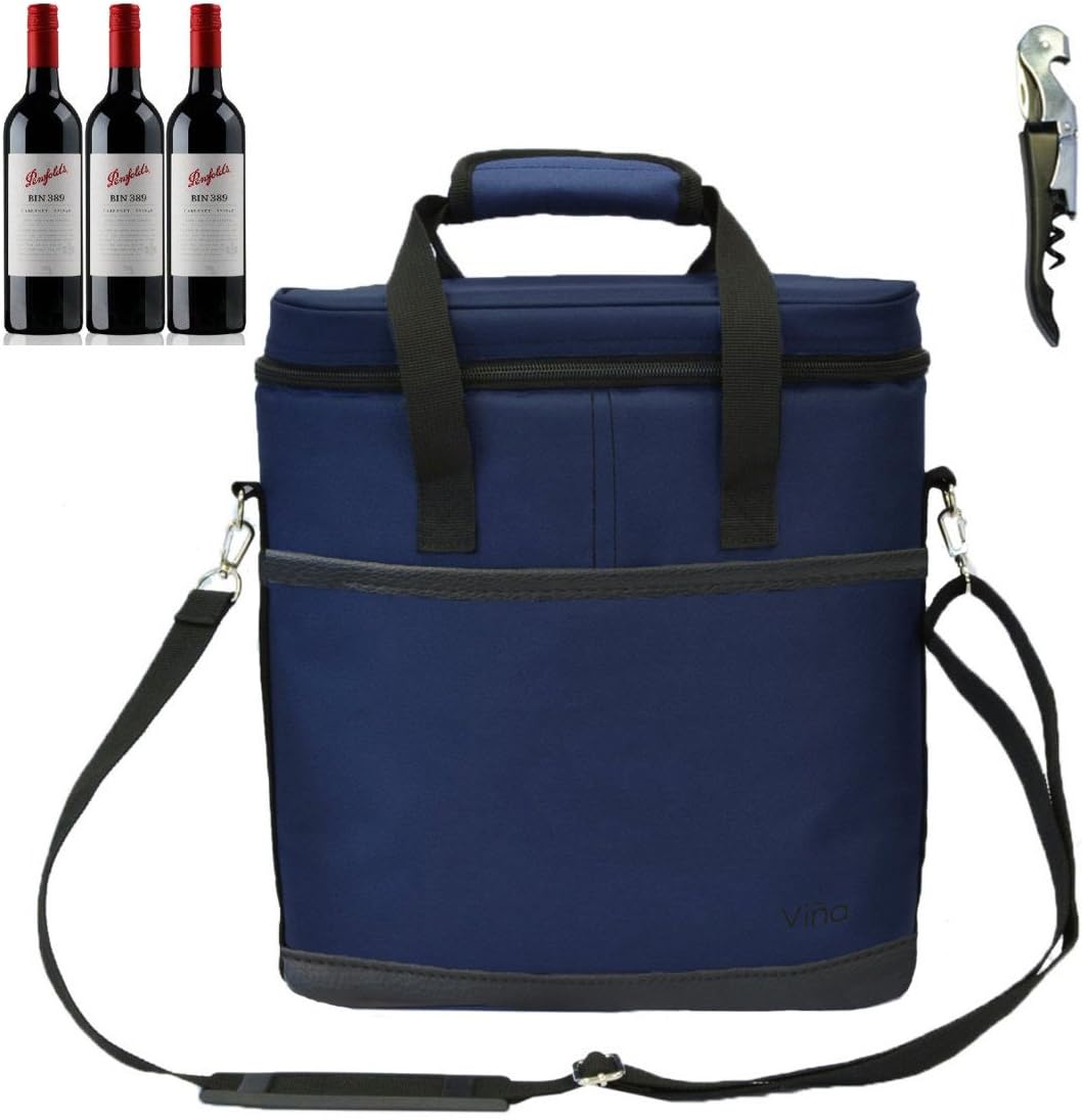 Vina 3 Bottle Wine Carrier - Travel Picnic Insulated Wine Cooler Tote Bag Case with Shoulder Strap for Beer and Champagne + Free Corkscrew, Blue