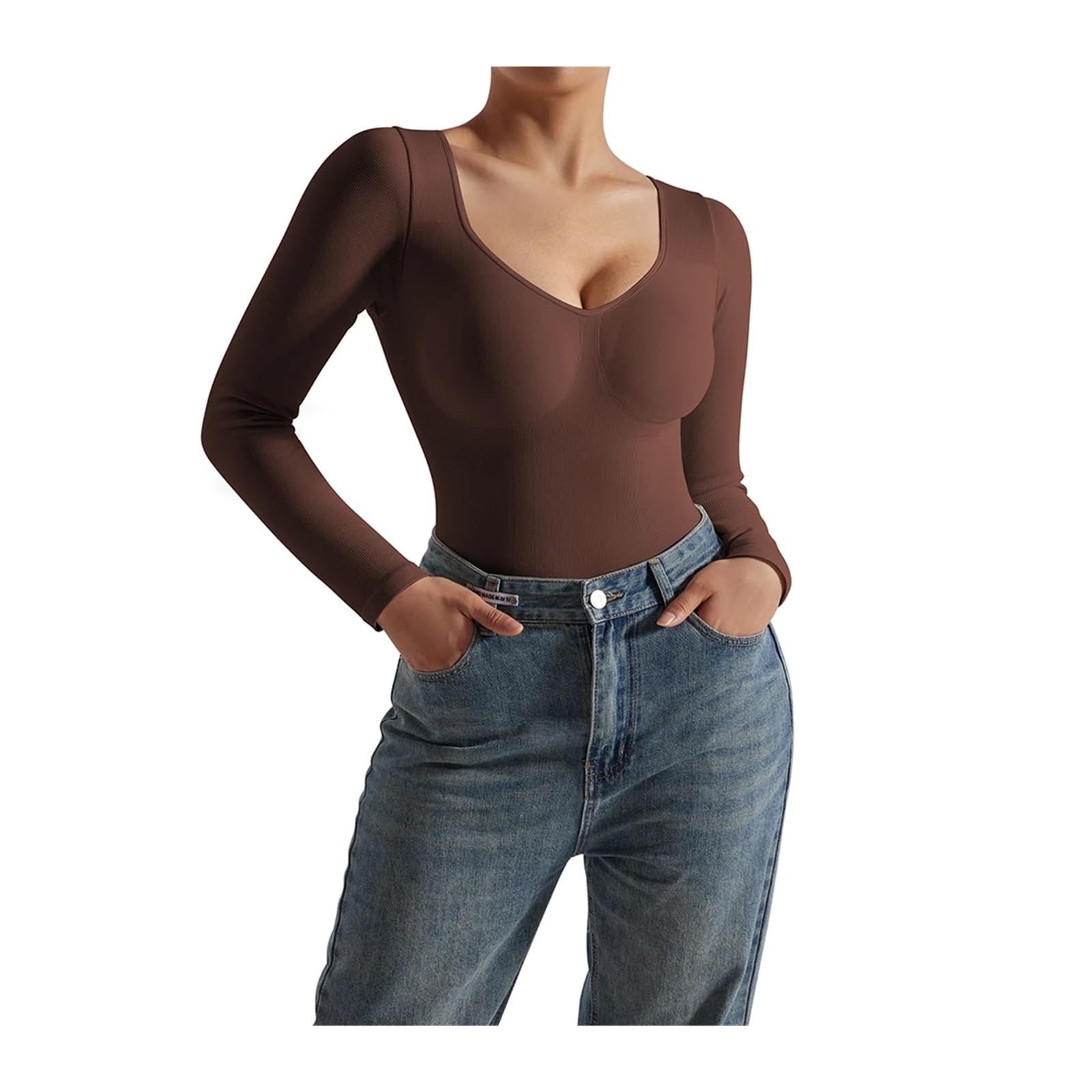 Body de Invierno de Manga Larga con Cuello en V para Mujer, Mono Moldeador, Body Ajustado (Negro M)