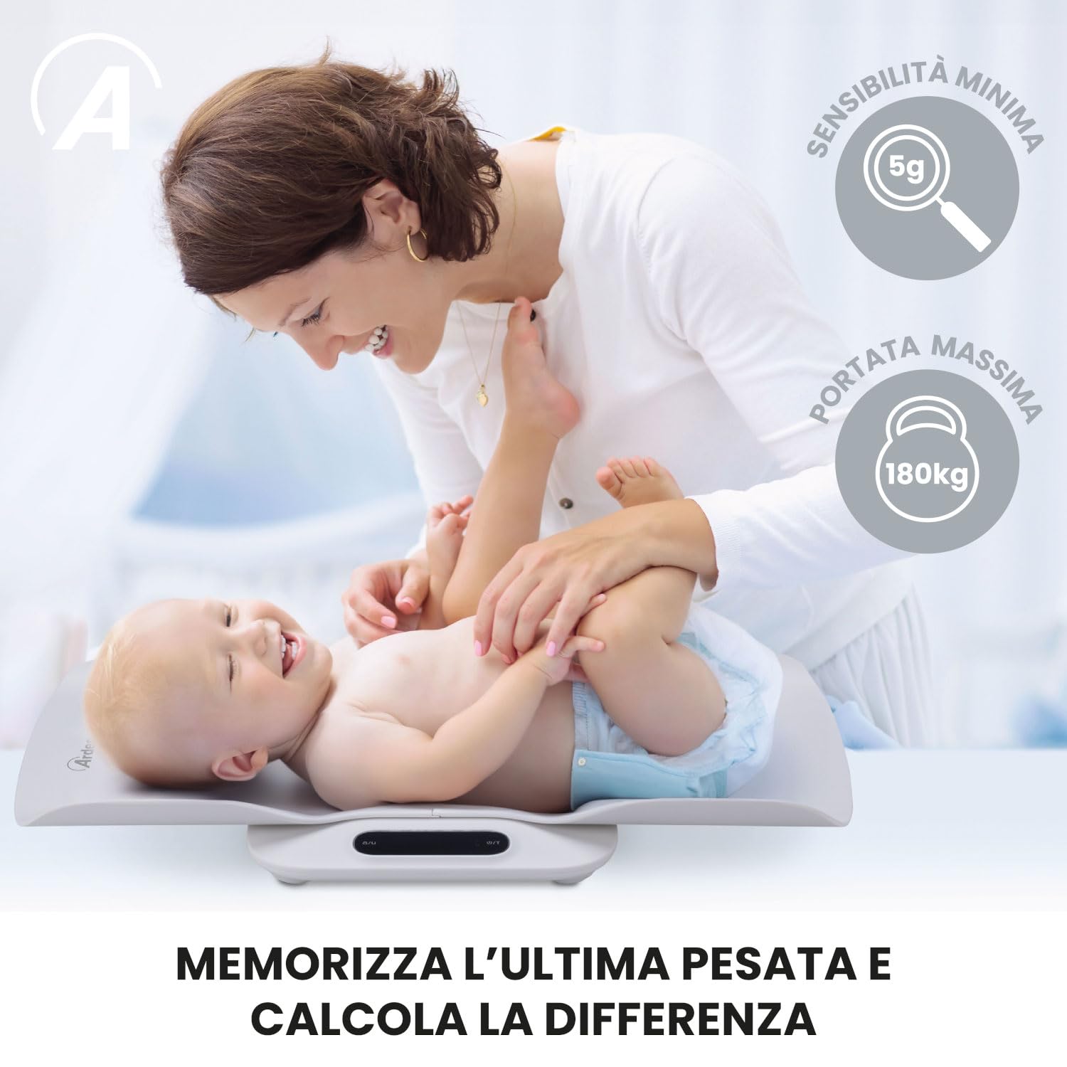 Ardes GROWY Bilancia Digitale Multifunzione per Neonati, Bambini, Adulti e Animali con Vassoio Rimovibile, Alta Precisione e Schermo LCD