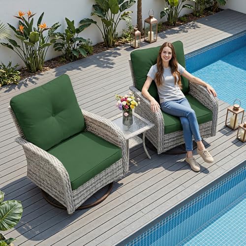Image of 3-Piece Small Patio Furniture Set, Outdoor Swivel Rocking Chairs Set with Wicker Chairs and Tempered Glass Side Table, Outdoor Furniture Patio Bistro Set for Balcony, Deck, Porch