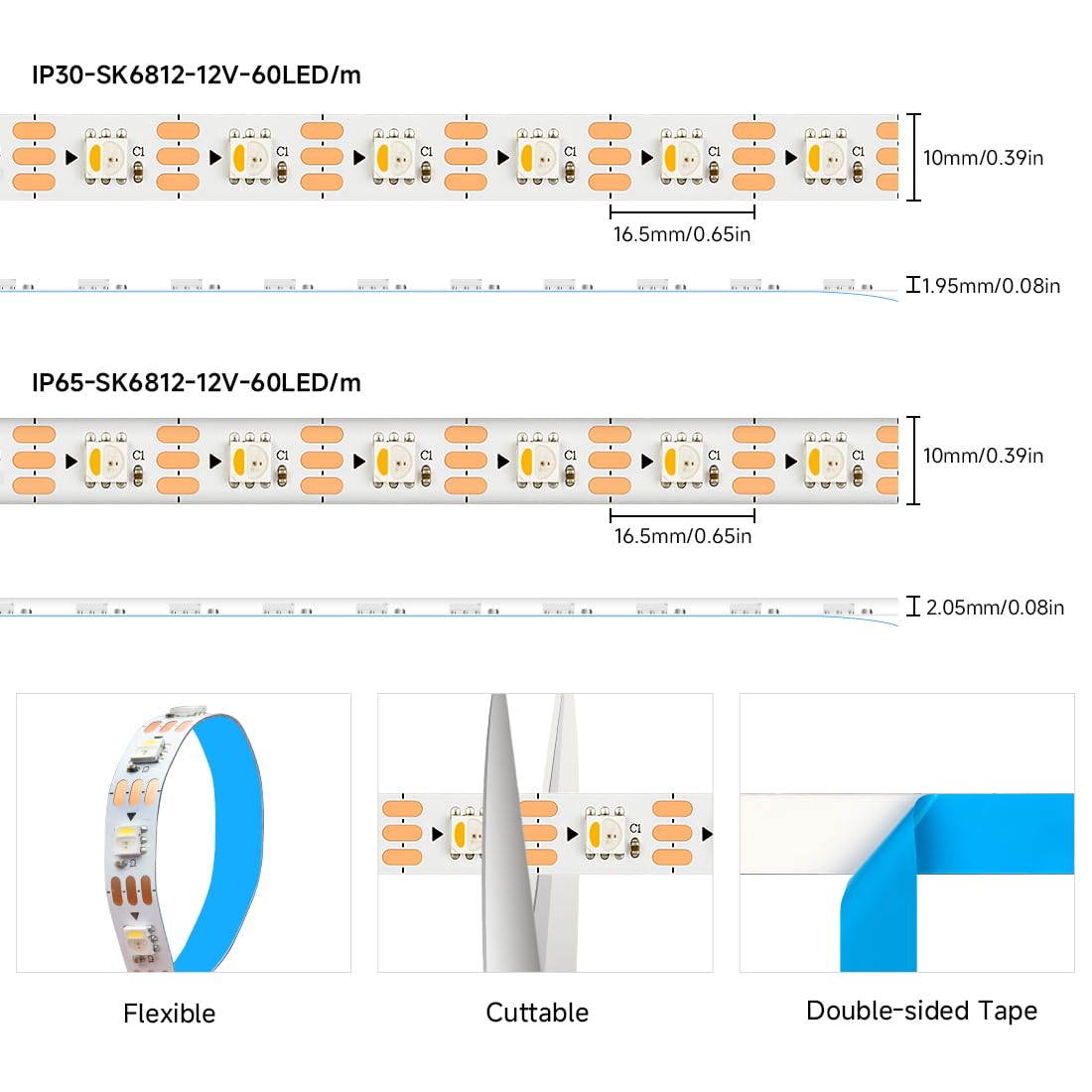 BTF-LIGHTING 5050SMD SK6812 IC RGBW 4in1 Addressable LED Strip RGB+Warm White 3000K DC12V 5M 60LEDs/m White PCB Dreamcolor Chasing Color IP65 Waterproof LED Tape for DIY Decoration(Strip Only) - Image 3