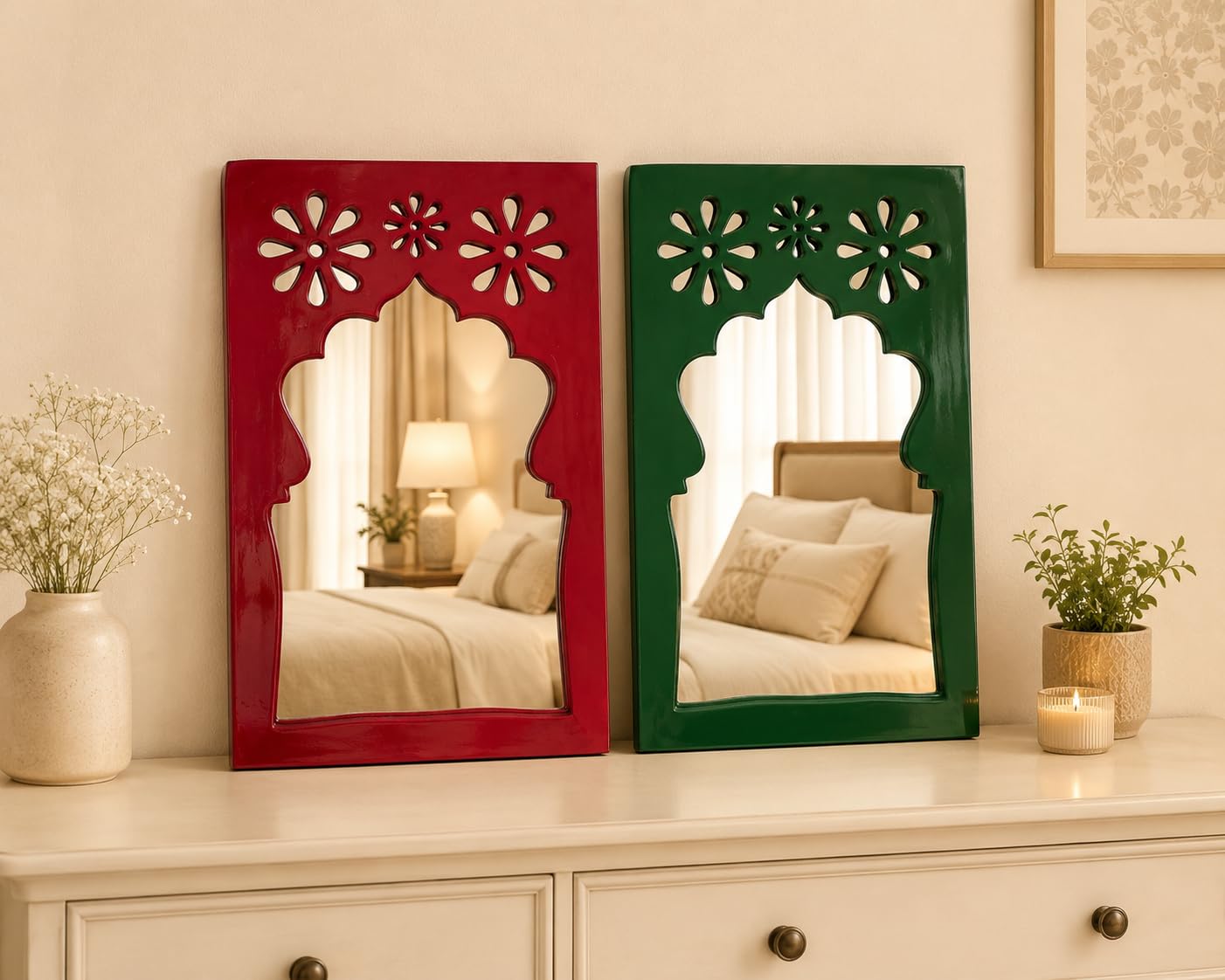 Set of 2 Wooden Wall Mirrors, Red & Green Handcrafted Decorative Mirrors with Floral Cutwork, Traditional Arch Design, Home Decor for Bedroom, Living Room & Entryway-image-0