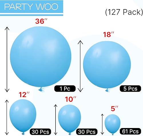 Miniatura 7 de PartyWoo Globos de color azul claro, 127 unidades, diferentes tamaños, paquete de 36, 18, 12, 10, 5 pulgadas, kit de arco de globos azul pastel para