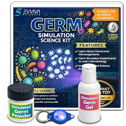 ES EVVIVA SCIENCES Germ Simulation Science Kit Glow-in-the-Dark Powder & Gel - Blacklight Reactive Demonstration - Classroom Lab Activity - Ages 16+ - Simulates Transfer on Hands & Surfaces