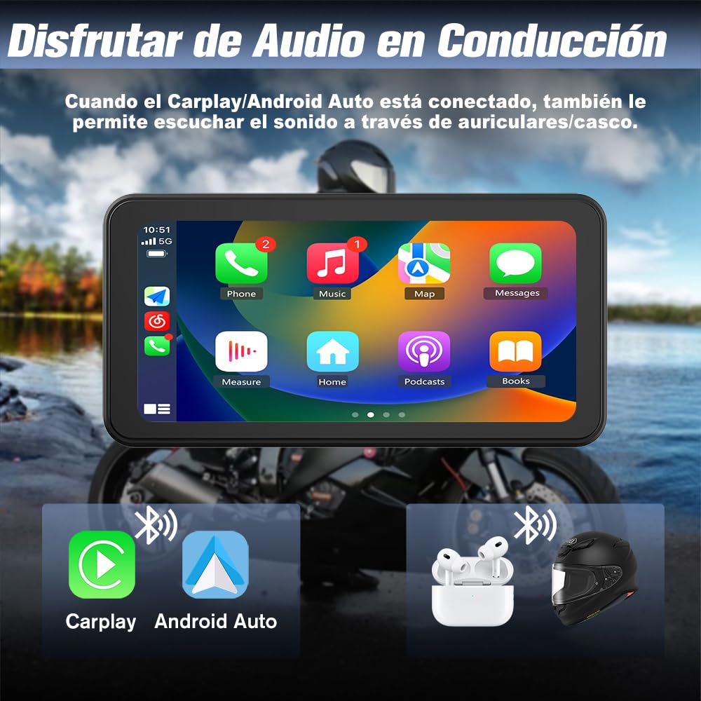 AWESAFE Pantalla Táctil de 6.25 Pulgadas para Motocicleta con CarPlay/Android Auto Inalámbrico, Estéreo Portátil con Pantalla IPS Impermeable/Dashcam 2K Frontal/Soporte para Moto，Admite Bluetooth/TF
