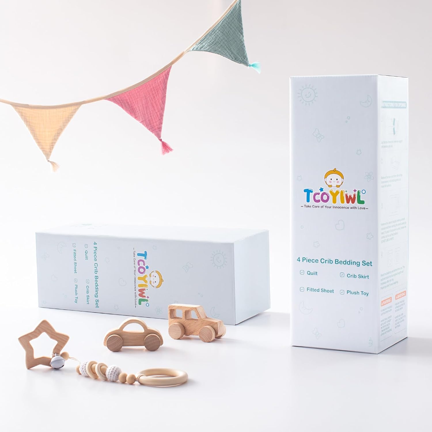 4 Pieces Crib Bedding Set for Baby Boys Girls, Infant Toddler Nursery Baby Bedding Sets Includes Cartoon Quilt, Fitted Crib Sheet, Crib Skirt and Plush Elephant Toy