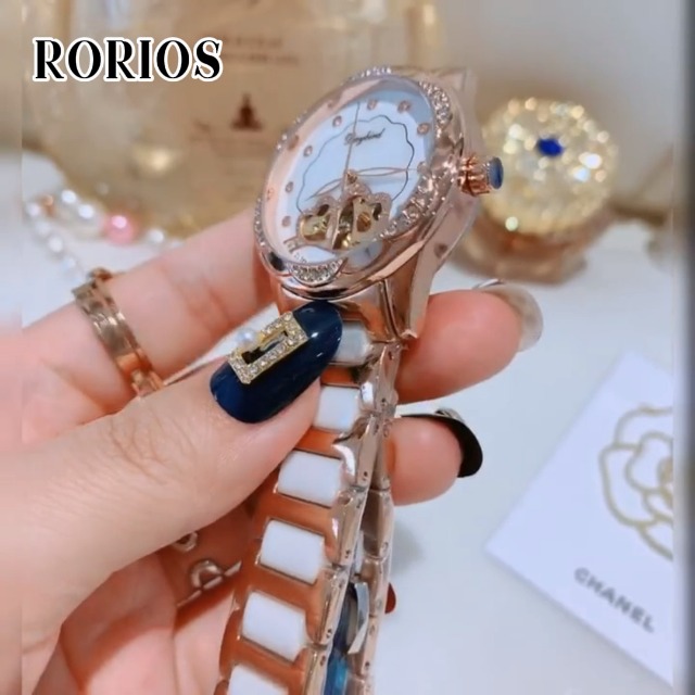 RORIOS Orologio Donna Meccanico Automatico - Cinturino Acciaio Inossidabile - Quadrante Con Diamanti E Display 24H - Impermeabile - Rosso E Bianco - 4