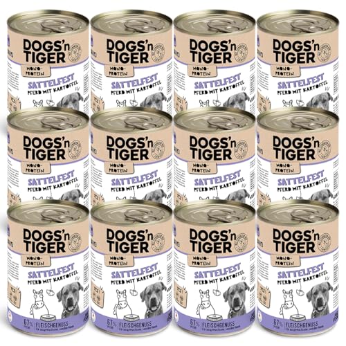 Dogs'n Tiger Monoprotein, Sattelfest, Adult Premium Hundenassfutter mit Pferdefleisch & Kartoffeln, hypoallergen, ohne Getreide, Zuckerzusatz, Mit optimale Verträglichkeit, 12x 400g