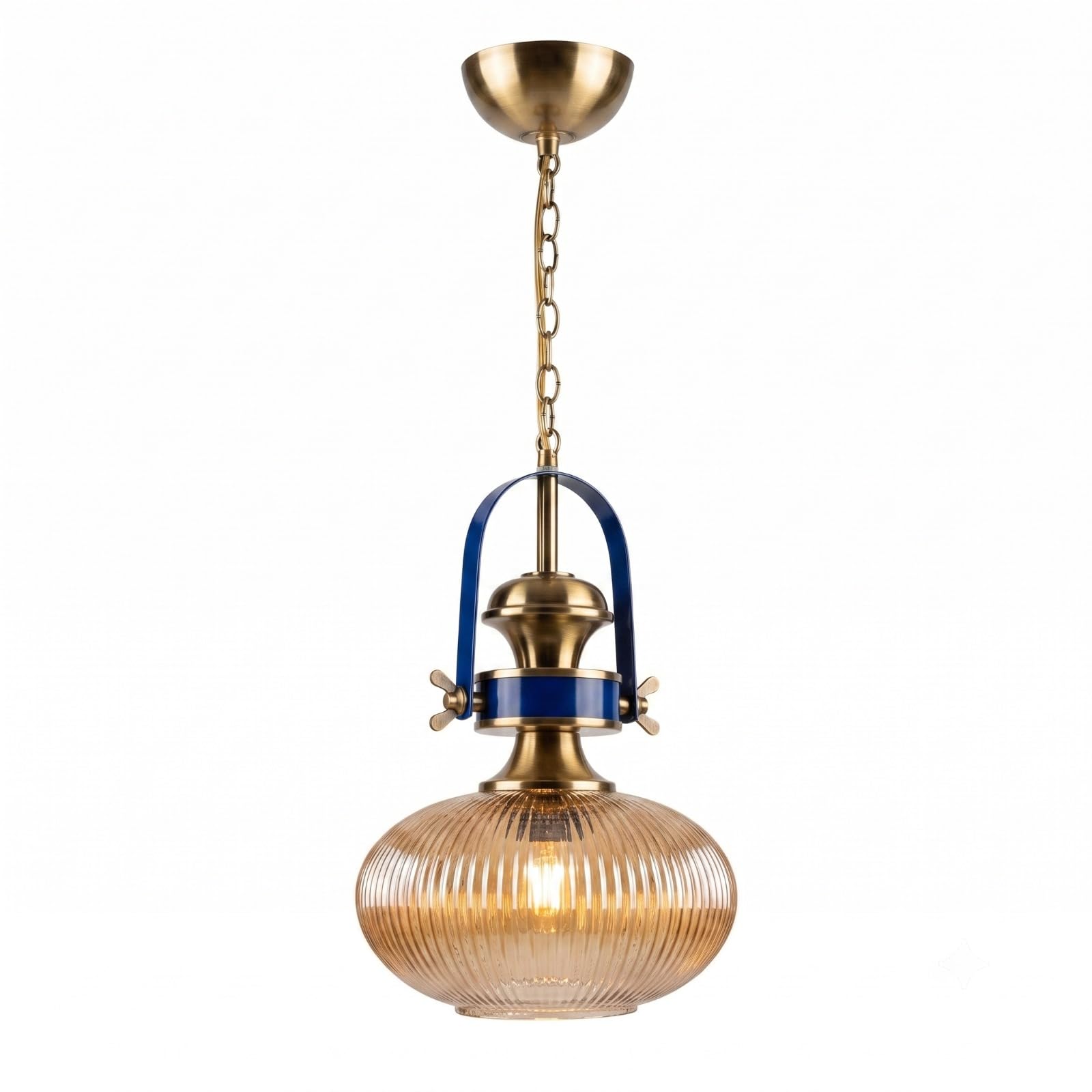 KLH Amber Ribbed Glass Pendant Light, Vintage Style | Antique Brass Finish, Blue Metal Accent, Chain Suspension, Ceiling Hanging Light, Retro Lantern Style-image-36