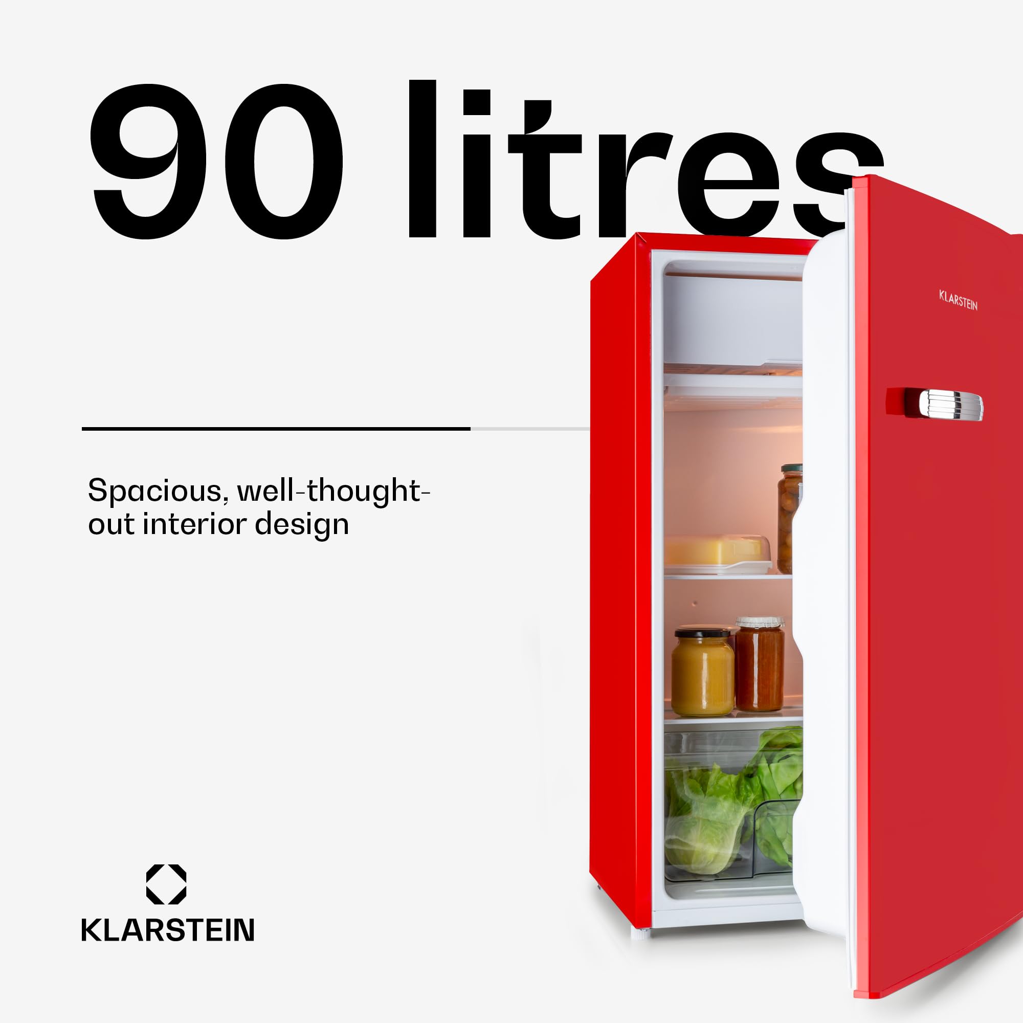 Klarstein Beercracker – Lodówka 90 litrów, Pojemność: 90 l, Klasa energetyczna E, Zamrażalnik, Szuflada na warzywa, 3 półki na drzwiach, Otwieracz do butelek w urządzeniu, 2 szklane półki, Czerwona