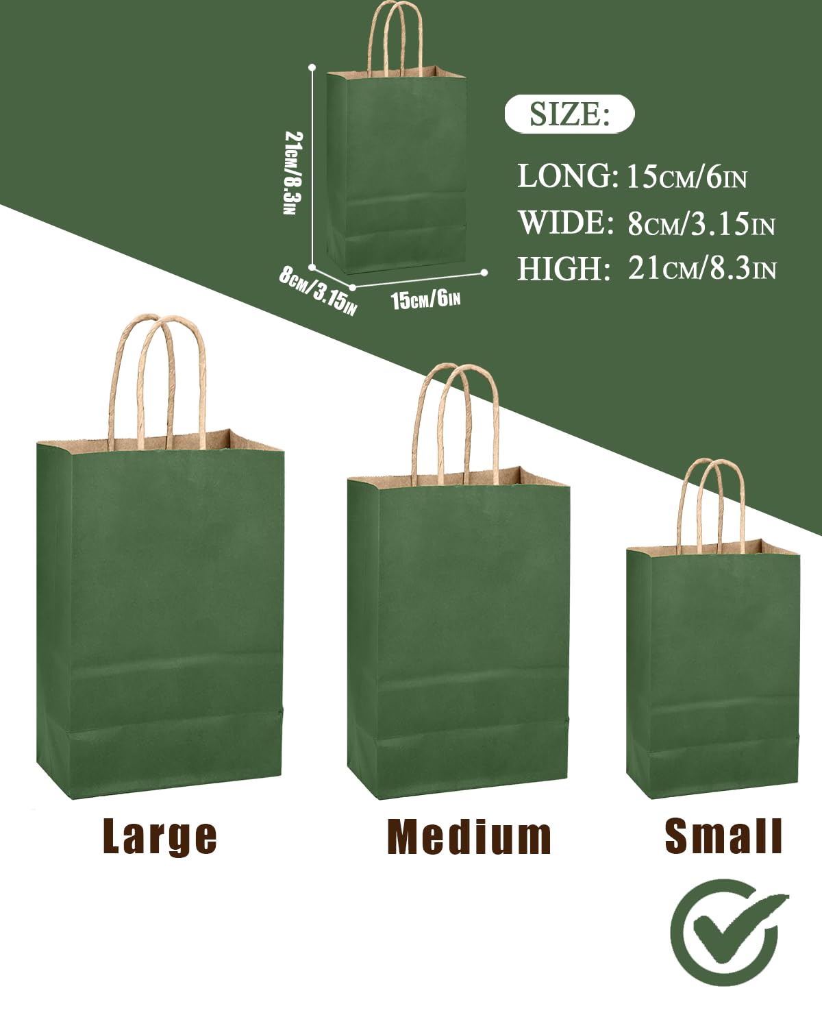 qiqee Dark Olive Green Gift Bag with Handles Bulk 24Pcs Paper Bags -8.3"x6"x3. 15" Party Favor Bags - Solid Color