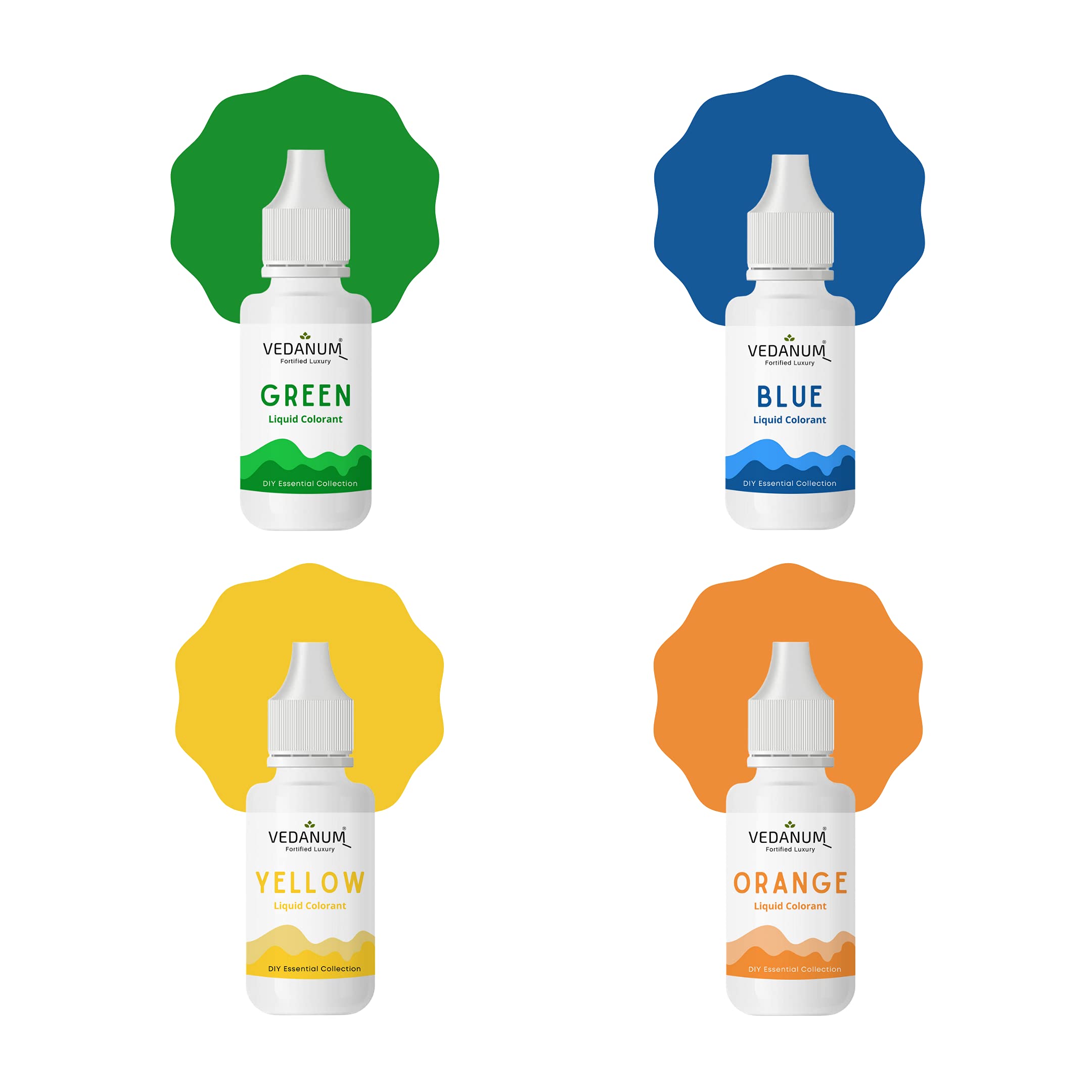 VEDANUM DIY Premium Liquid Colors for Soap Making, Bath Bombs, Bath Salts, Cosmetics, Skin Friendly Pigments, Pack of 4 (15 ml Each) Green, Blue, Yellow, Orange-picture-14