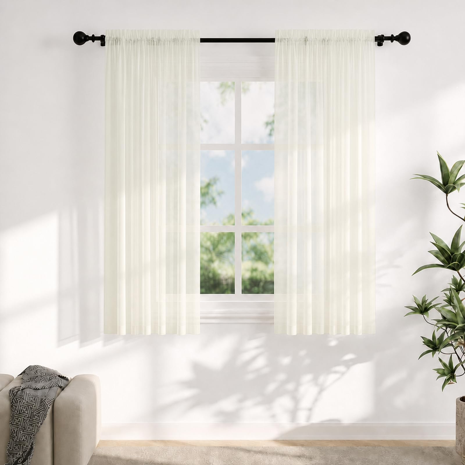 Flgef Voile Curtains for Windows 54 Drop, 2 Panels Dual Rod Pocket Sheer Curtains, Light Filtering Cream Net Curtains for Living Room Bedroom Kitchen, W56xL54 Inches
