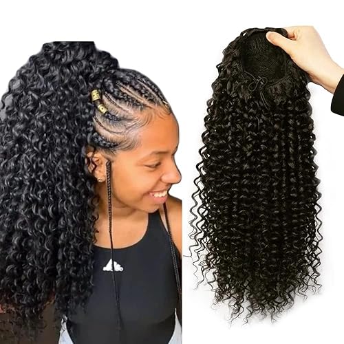 Miniatura 7 de Cola de caballo con cordón para mujeres negras, rizado de 16 pulgadas, extensiones de cola de caballo negro natural (1b)