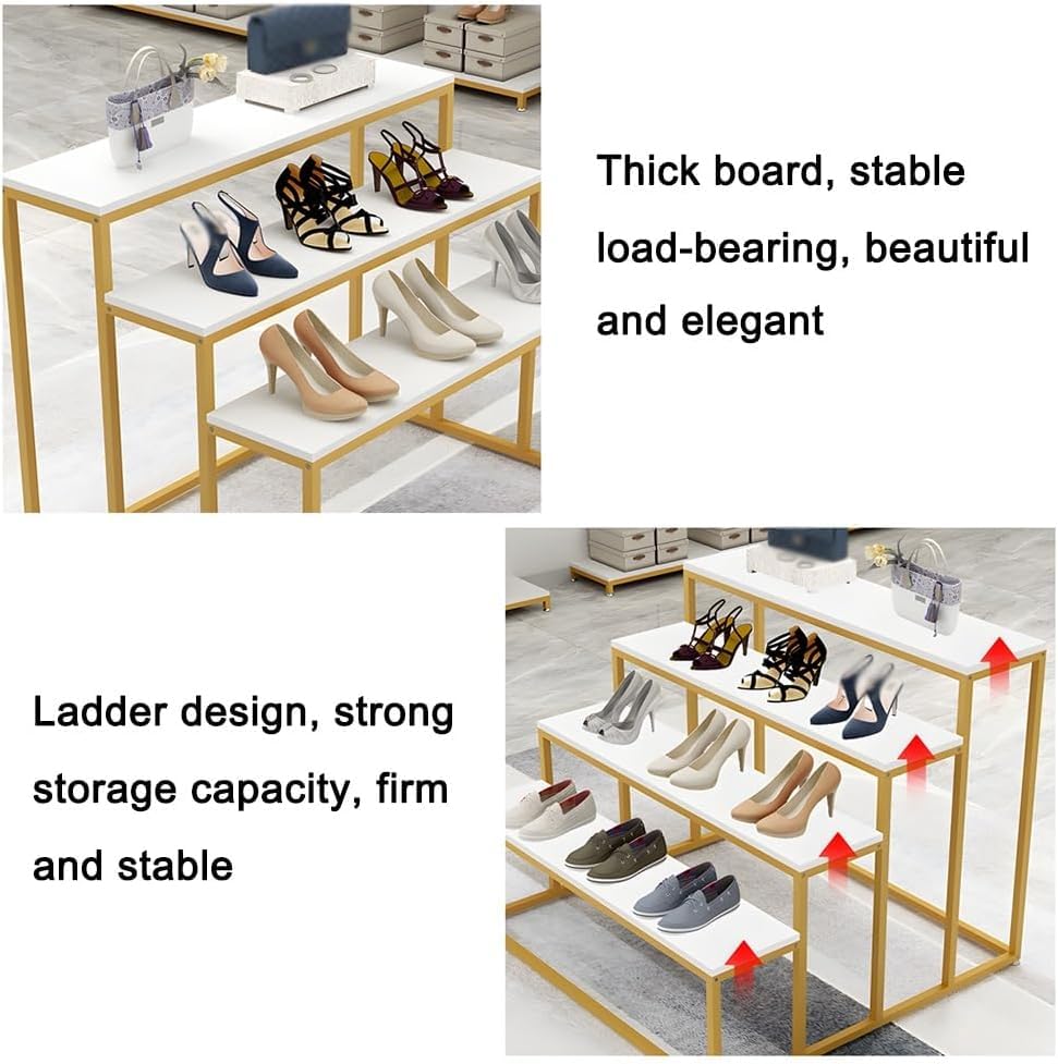 Modern Standing Display Riser Shelf, Metal Shoe Handbag Countertop Display Stand, Stepped Clothing Store Display Stand, for Retail Stores Home Hotel(Gold,80x48x60 cm/31x19x24 in)