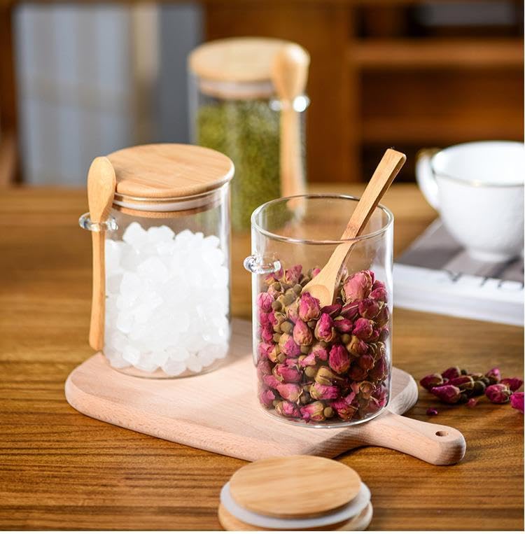 soulnioi Sealed Jar with Bamboo Lid with Spoon Clear Glass Storage Canister Flower Tea Sealer Candy Jar Coffee Bean Organizer Round 500ML 4PCS - Image 3