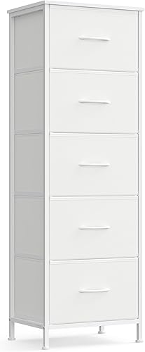 SONGMICS Dresser for Bedroom, Chest of Drawers, Steel, MDF, 5 Non-Woven Fabric Drawers, Storage Organizer Unit, Closet, Entryway, Cloud White and